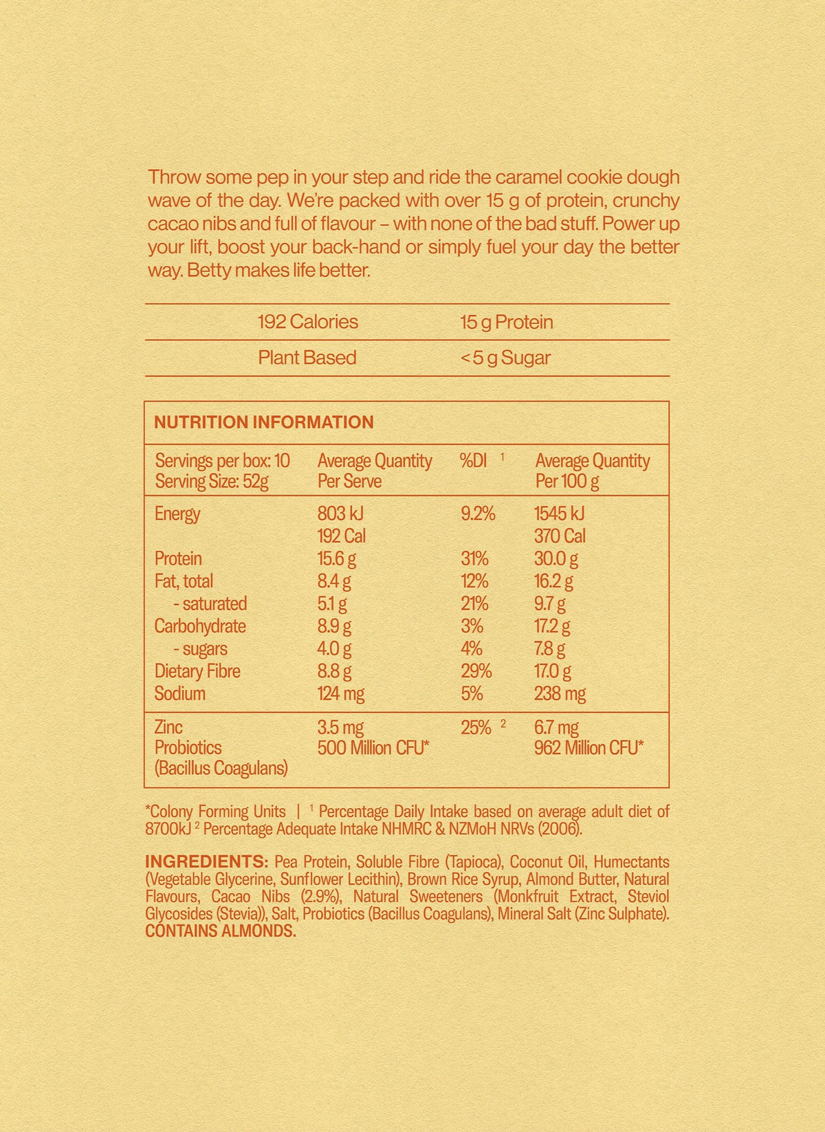 Betty Caramel Cookie Dough Protein Bar nutrition information panel and ingredients