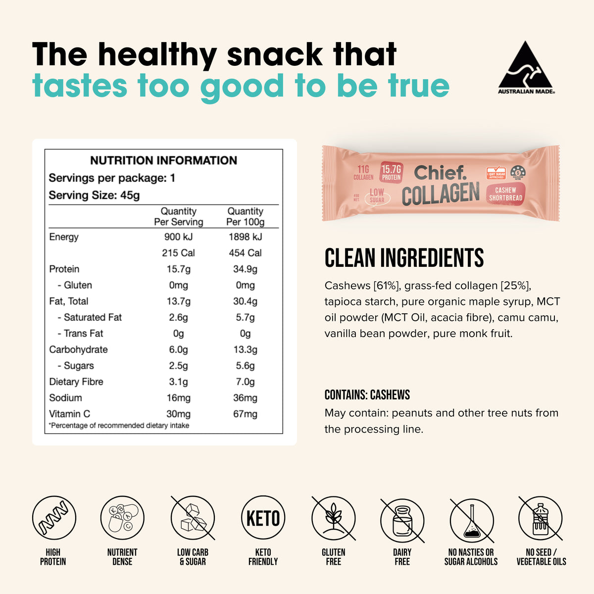Collagen Protein Bar Cashew Shortbread Box 12 x 45g-Chief-Matakana Pharmacy