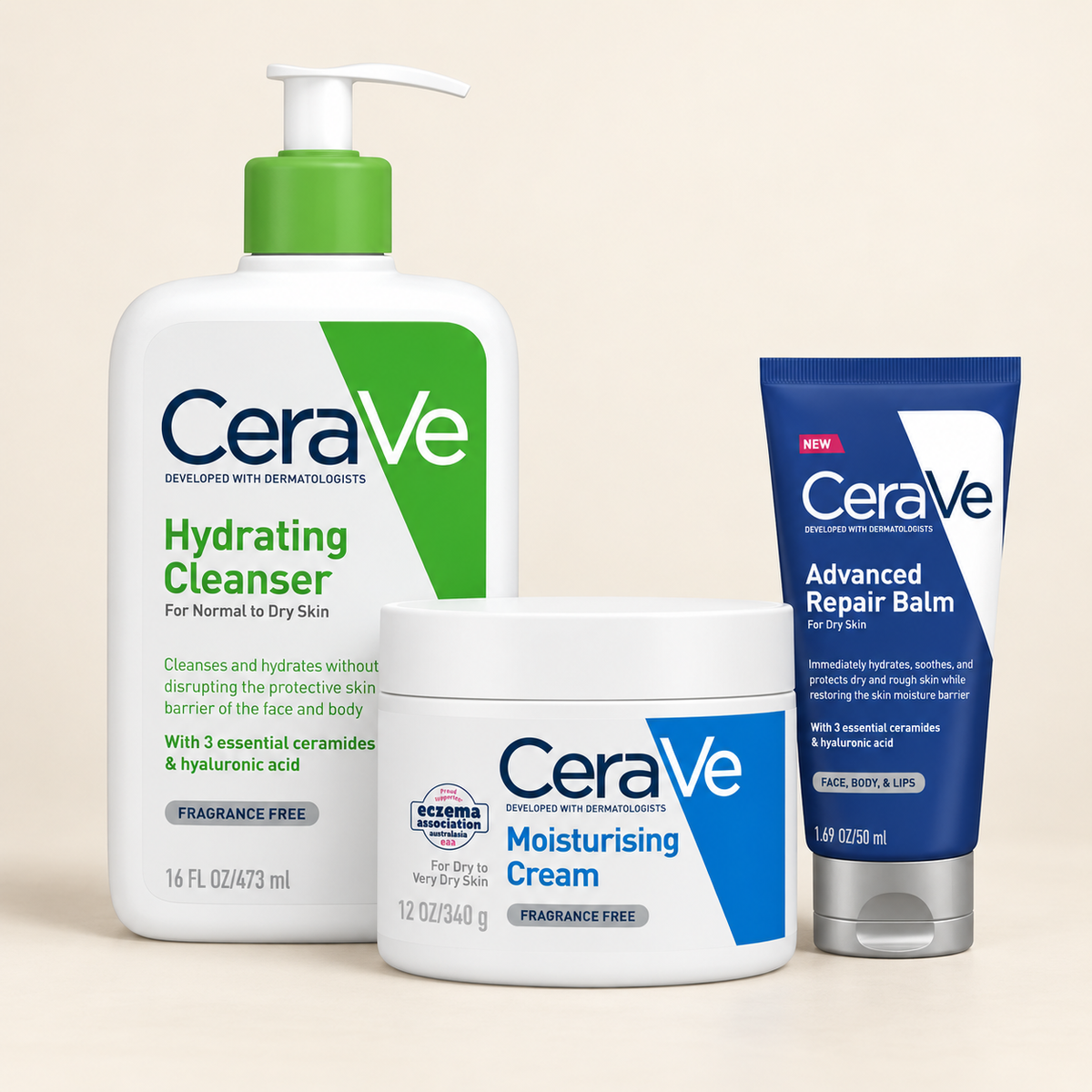 CeraVe Very Dry Skin Body Rescue, the 473ml Hydrating Cleanser, the 340g Moisturising Cream tub and the Advanced Repair Balm together on a cream background