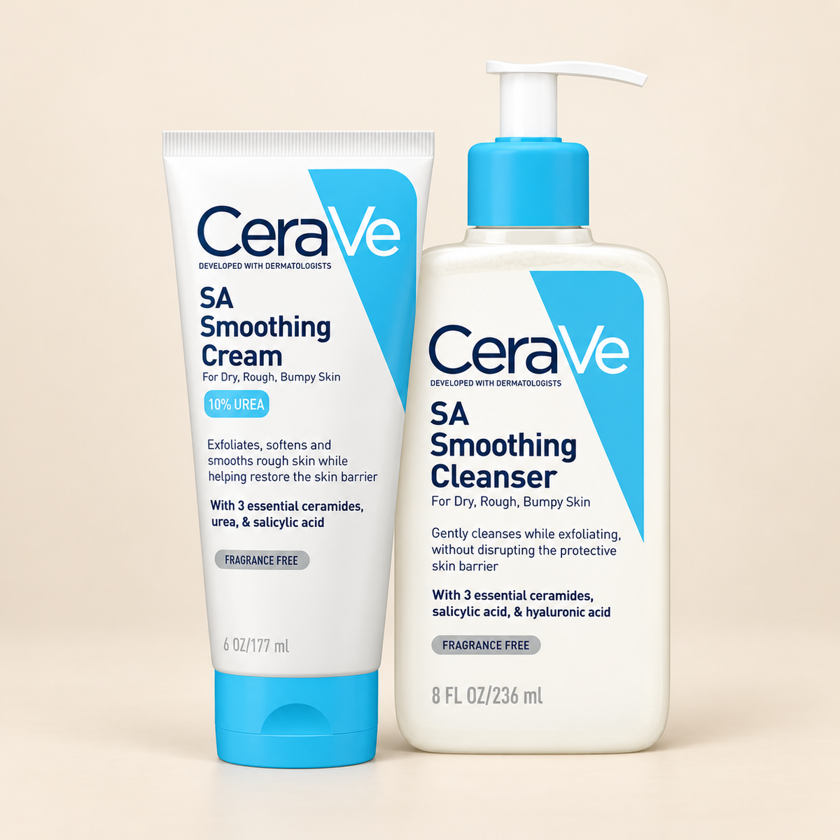 CeraVe Rough and Bumpy Skin Duo, the SA Smoothing Cream tube beside the SA Smoothing Cleanser pump bottle on a sand background