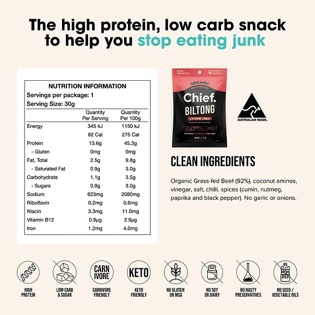 Chief Nutrition Biltong Beef Cayenne Chilli 90g Sachet-Chief Nutrition-Matakana Pharmacy