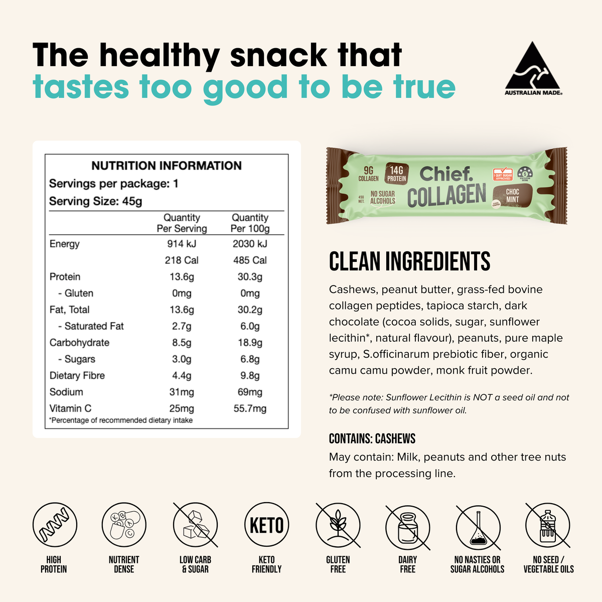 Collagen Protein Bar Choc Mint 45g-Chief-Matakana Pharmacy