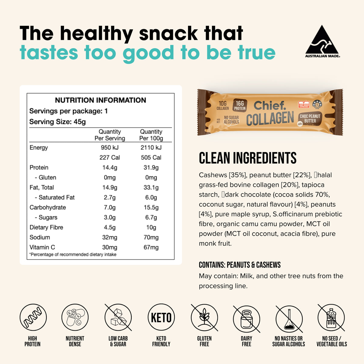 Collagen Protein Bar Choc Peanut Box 12 x 45g-Chief-Matakana Pharmacy
