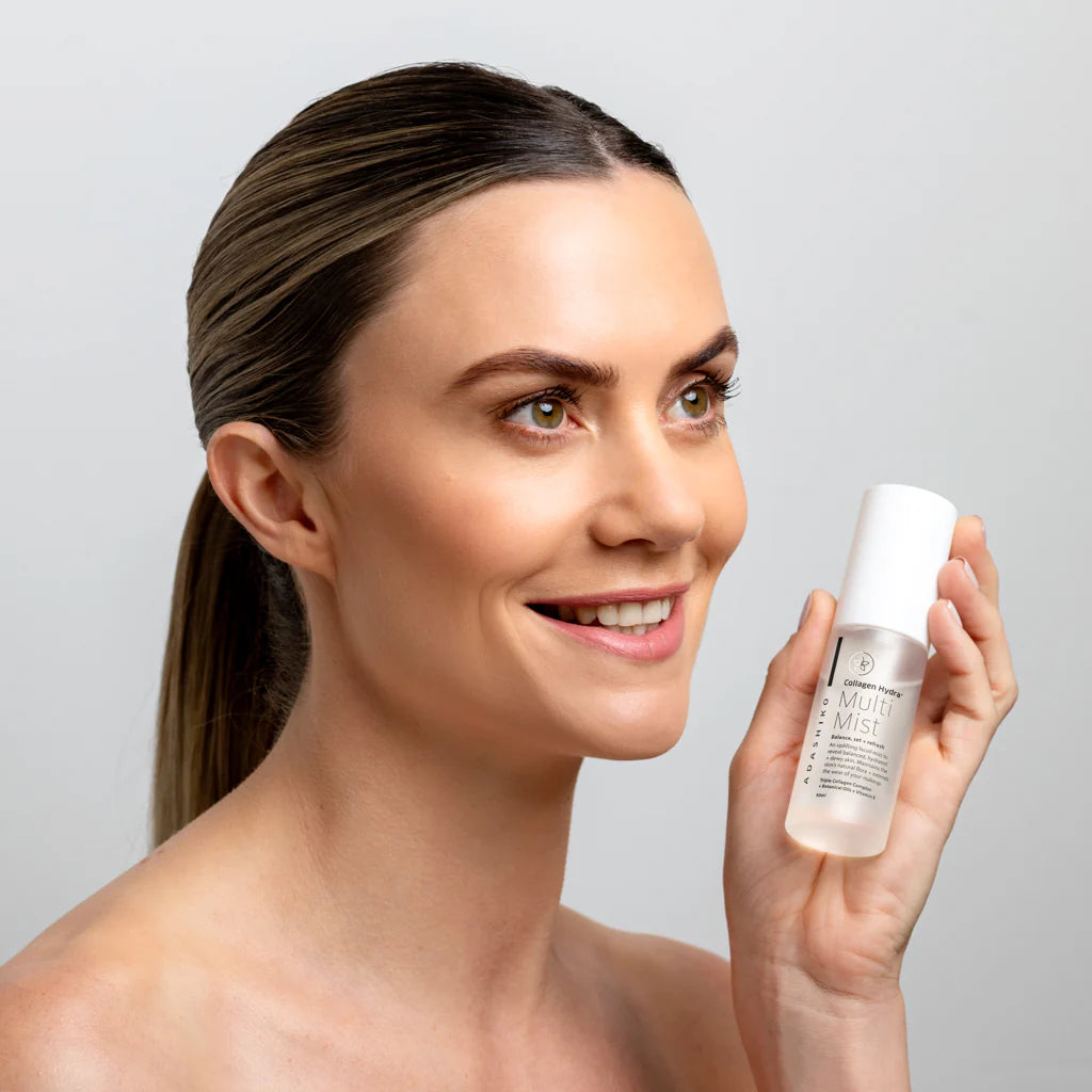 Smiling and happy customer after using the Collagen Hydra Multi Mist 50ml