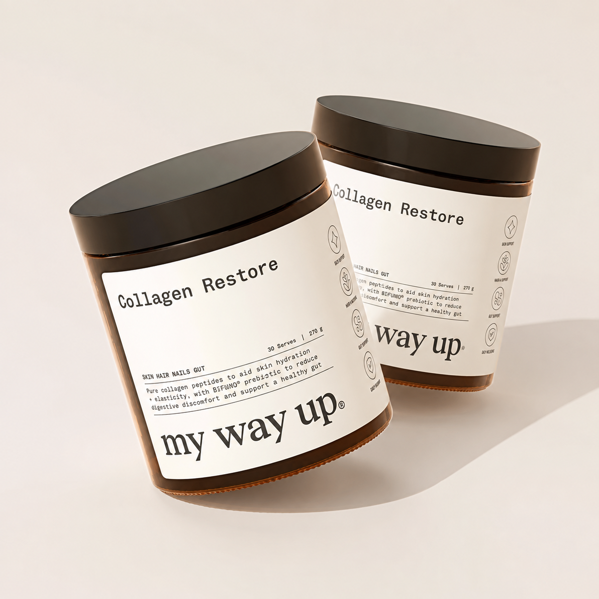 My Way Up Collagen Restore double pack, two 270g amber jars