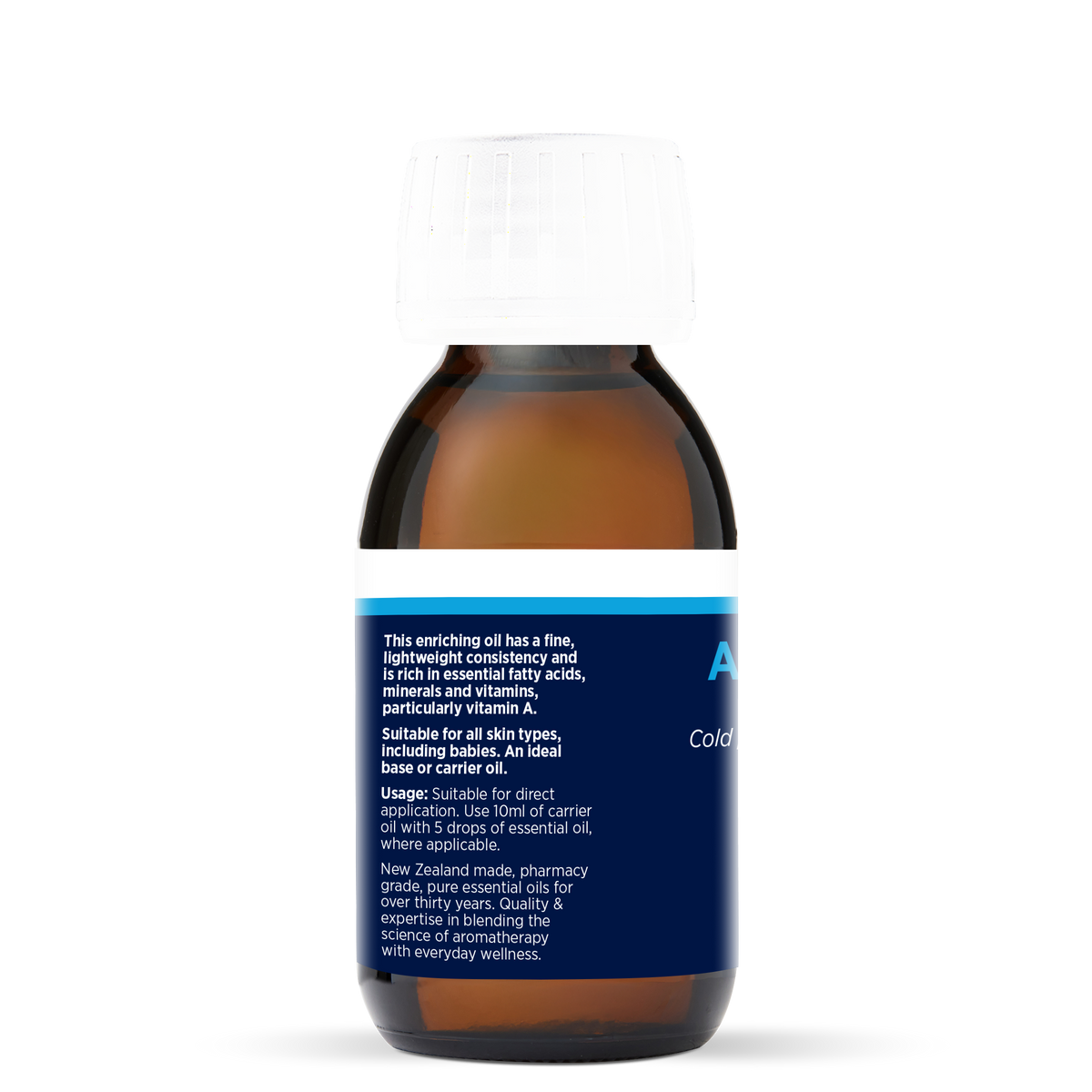 Apricot Kernel Oil 100ml, side of the bottle showing the botanical name and directions