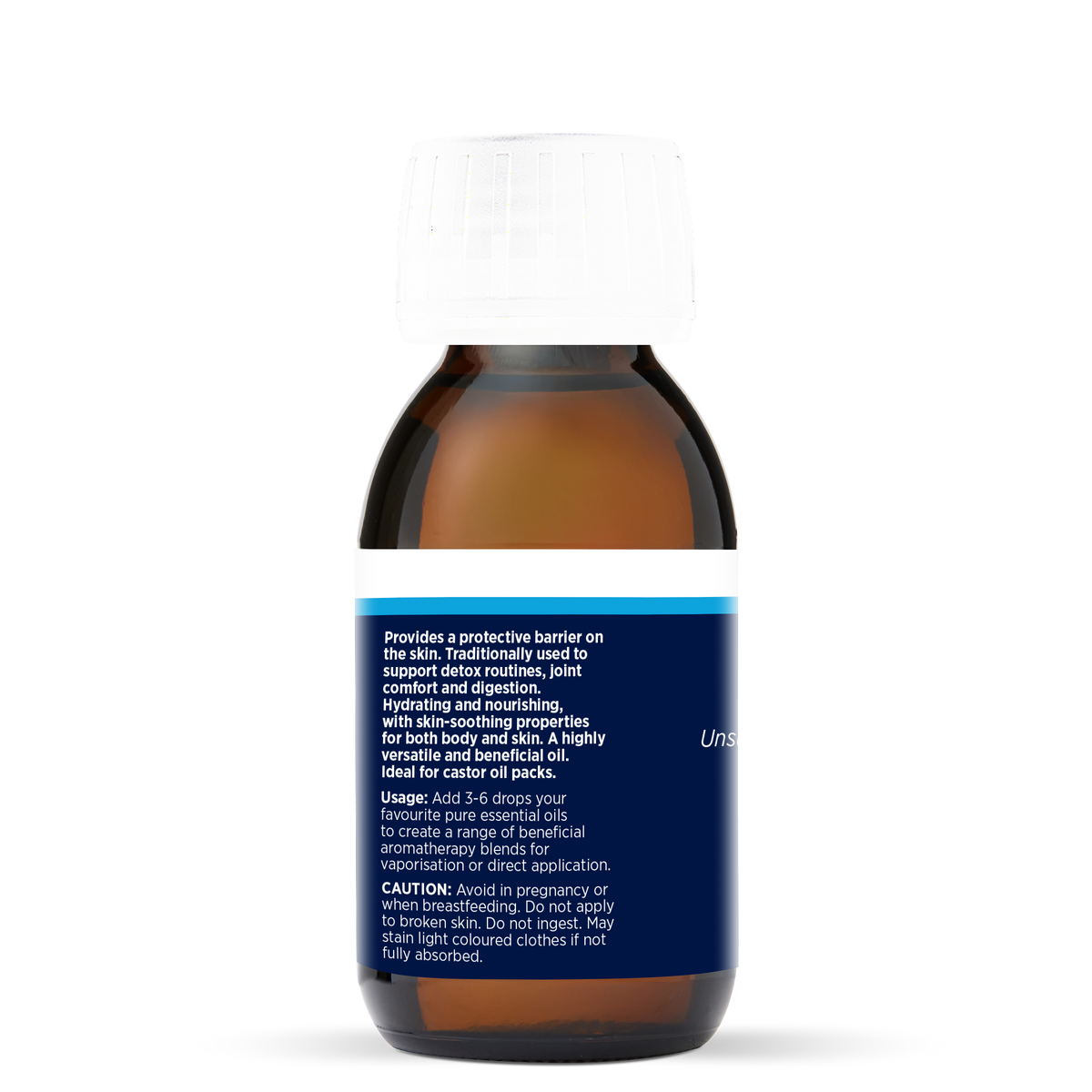 Castor Oil 100ml, side of the bottle showing the botanical name and directions