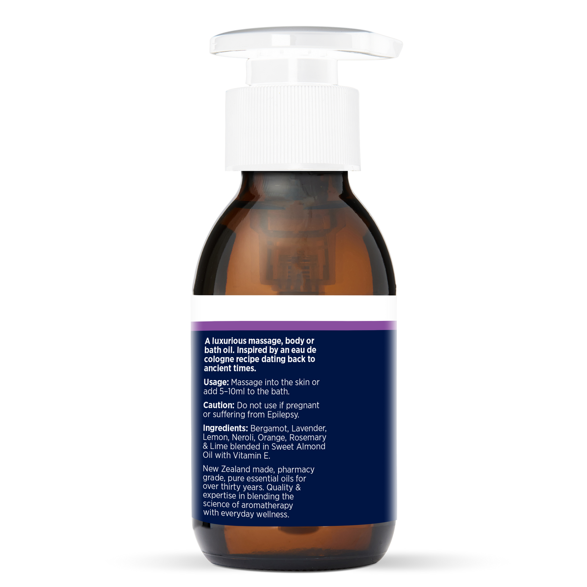 Pampering Massage & Body Oil 100ml, side of the bottle showing the botanical name and directions