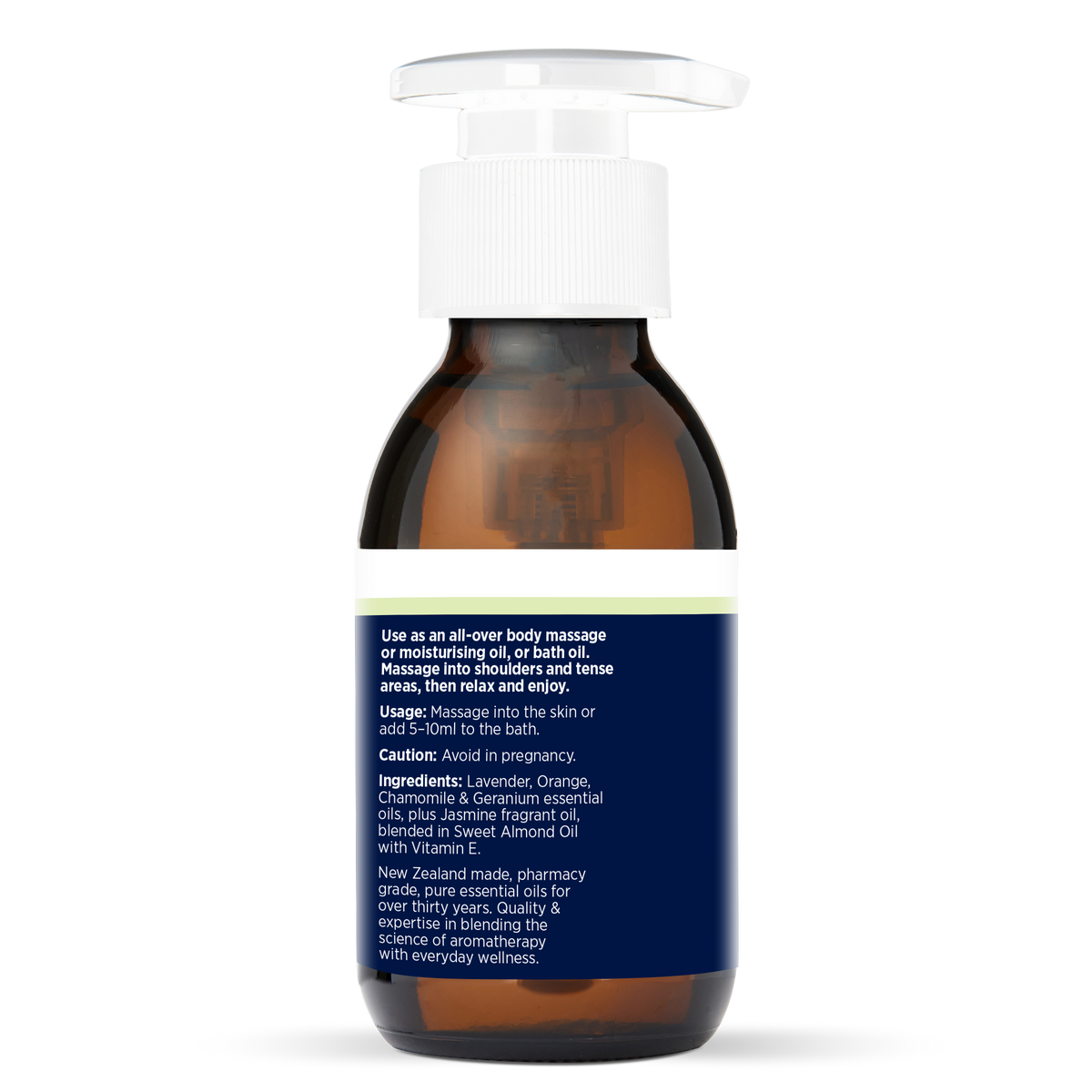 Relaxing Massage & Body Oil 100ml, side of the bottle showing the botanical name and directions