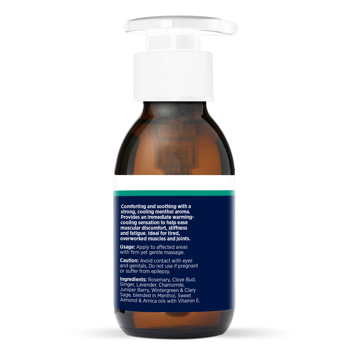 Relief Massage Oil 100ml, side of the bottle showing the botanical name and directions