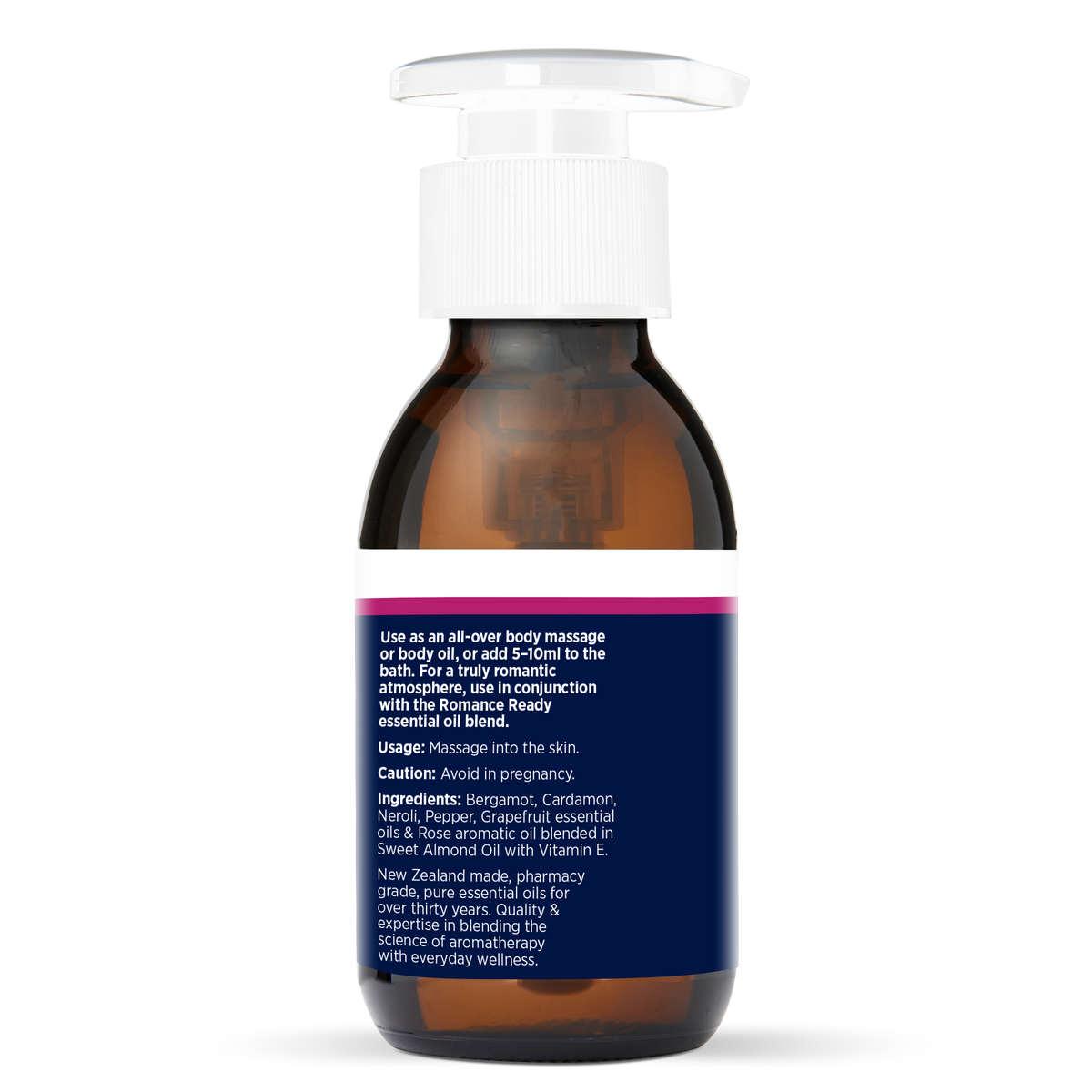 Romance Massage & Body Oil 100ml, side of the bottle showing the botanical name and directions