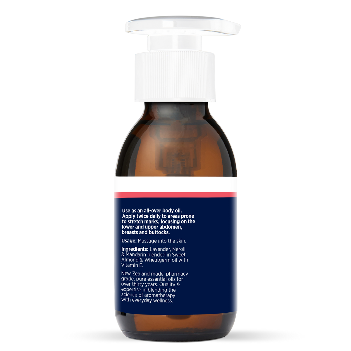 Stretchmark Prevention Oil 100ml, side of the bottle showing the botanical name and directions