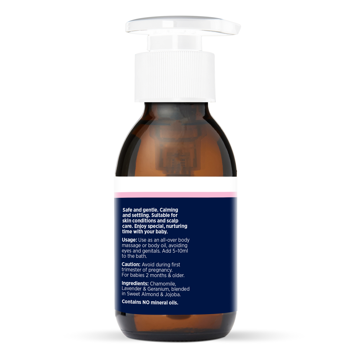 Luxury Baby Oil 100ml, side of the bottle showing the botanical name and directions