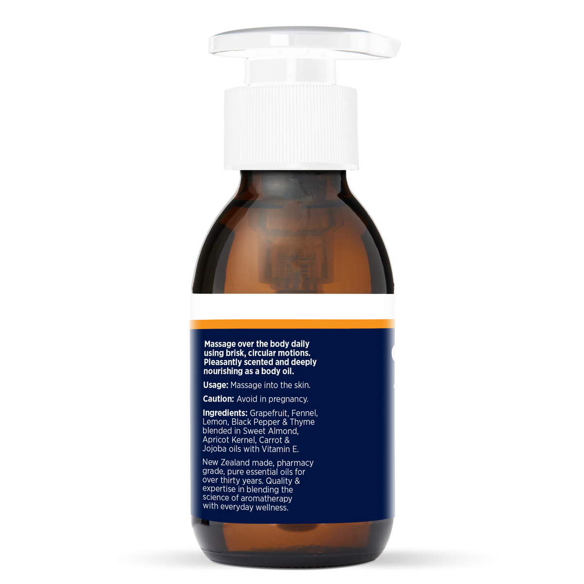Cellulite Toning Oil 100ml, side of the bottle showing the botanical name and directions