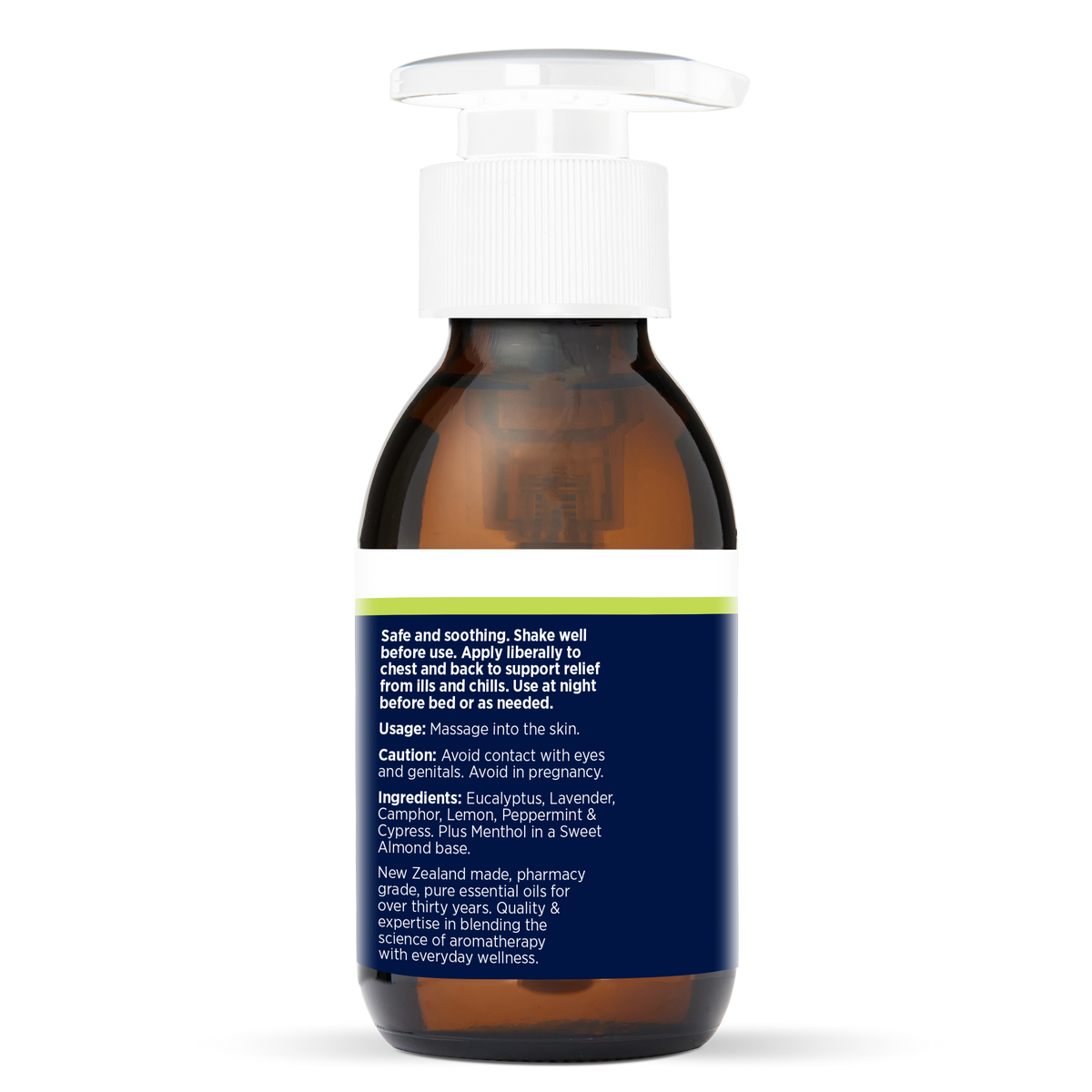 Chest Rub Oil 100ml, side of the bottle showing the botanical name and directions