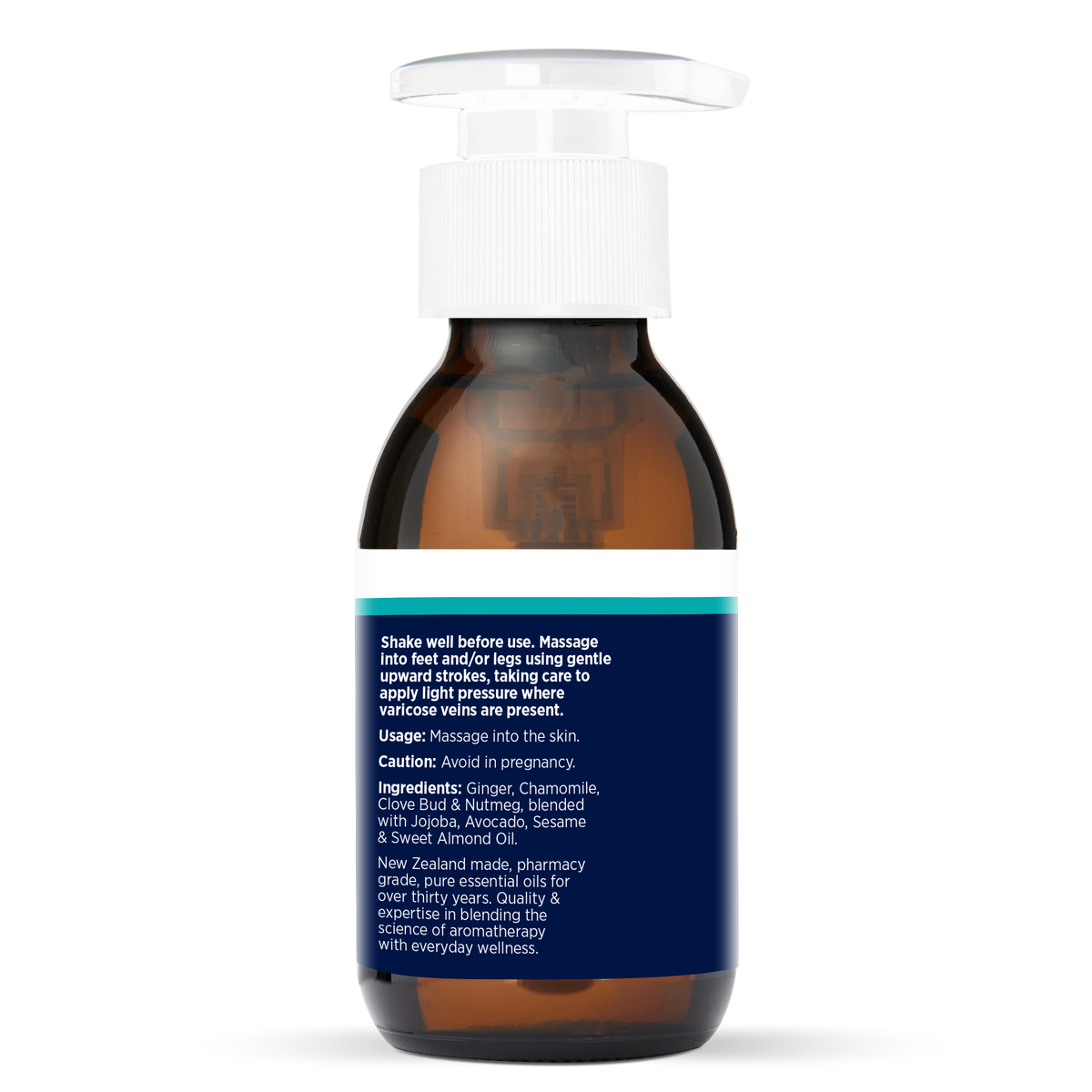 Happy Legs Massage Oil 100ml, side of the bottle showing the botanical name and directions