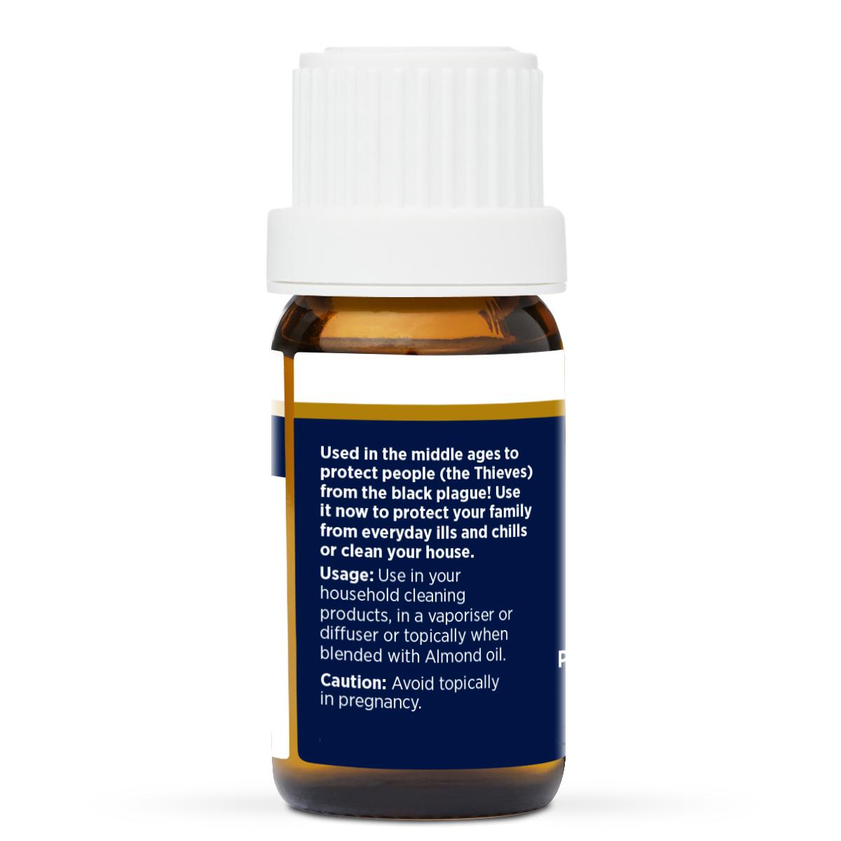 Traditional Thieves Pure Essential Oil Blend 10ml, side of the bottle listing the oils in the blend