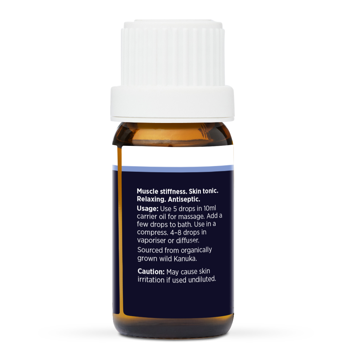 NZ Kanuka Pure Essential Oil 10ml, side of the bottle showing the botanical name and directions