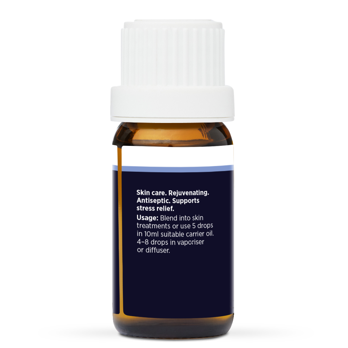 Palmarosa Pure Essential Oil 10ml, side of the bottle showing the botanical name and directions