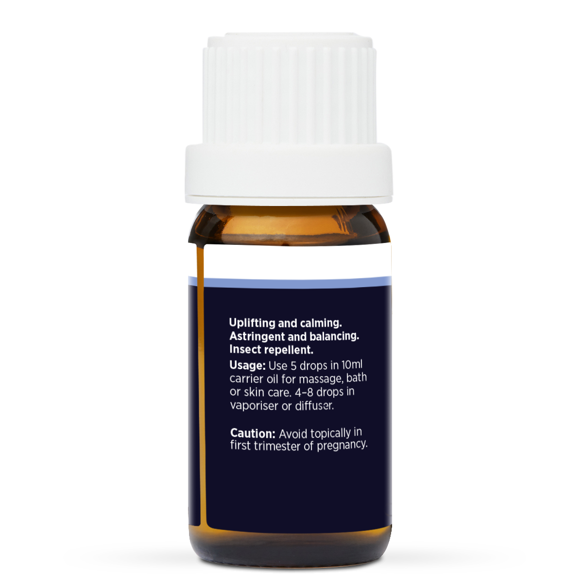 Rose Geranium Pure Essential Oil 10ml, side of the bottle showing the botanical name and directions