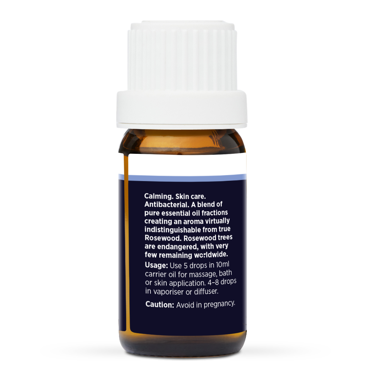 Rosewood (Bois de Rose) Pure Essential Oil 10ml, side of the bottle showing the botanical name and directions
