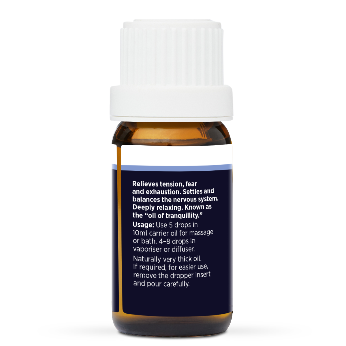 Vetiver Pure Essential Oil 10ml, side of the bottle showing the botanical name and directions