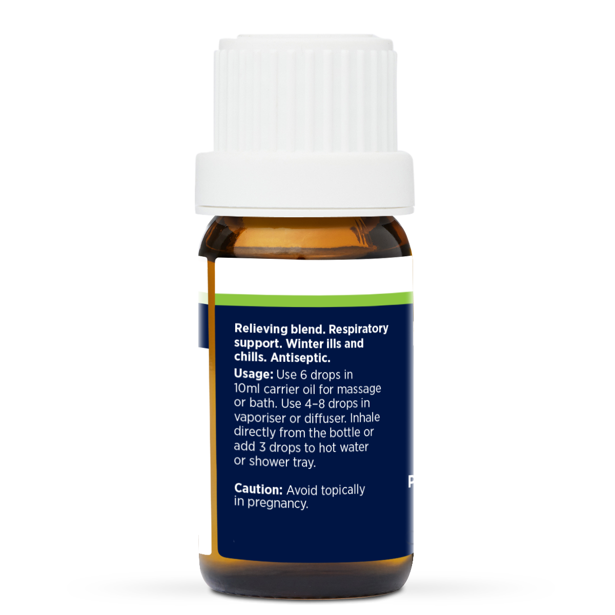 Decongestant Pure Essential Oil Blend 10ml, side of the bottle listing the oils in the blend