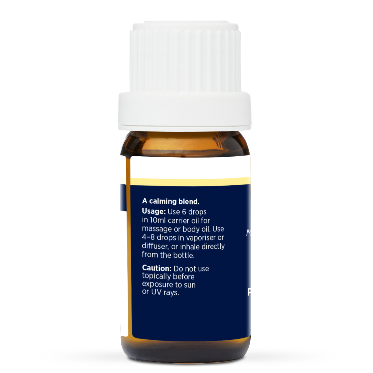 Stress Less Pure Essential Oil Blend 10ml, side of the bottle listing the oils in the blend