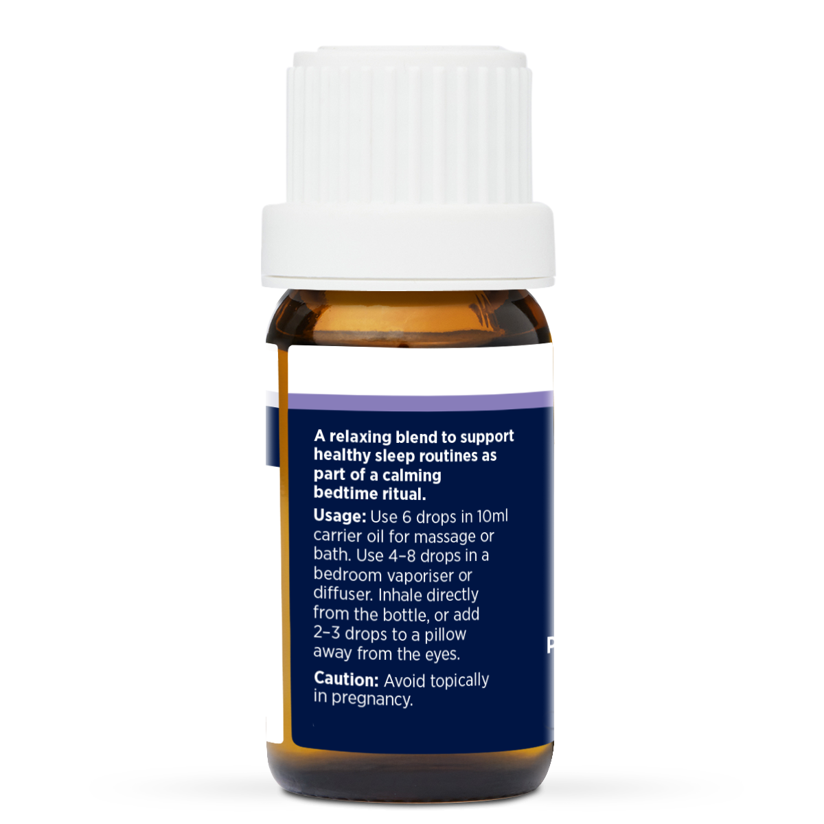 Tranquil Sleep Pure Essential Oil Blend 10ml, side of the bottle listing the oils in the blend