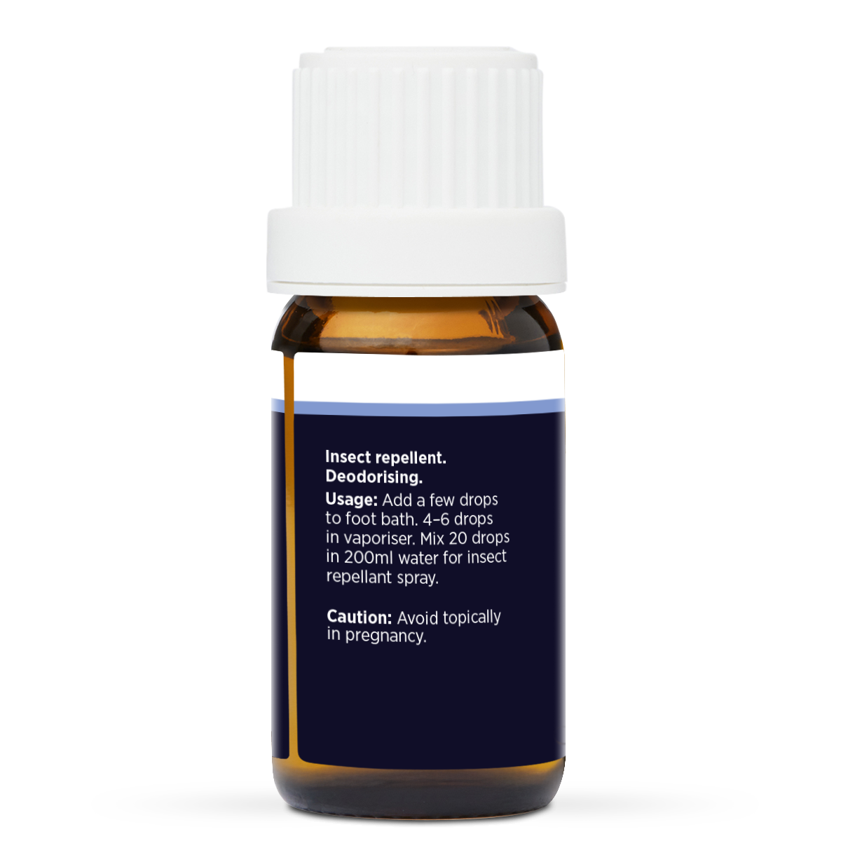 Citronella Pure Essential Oil 10ml, side of the bottle showing the botanical name and directions