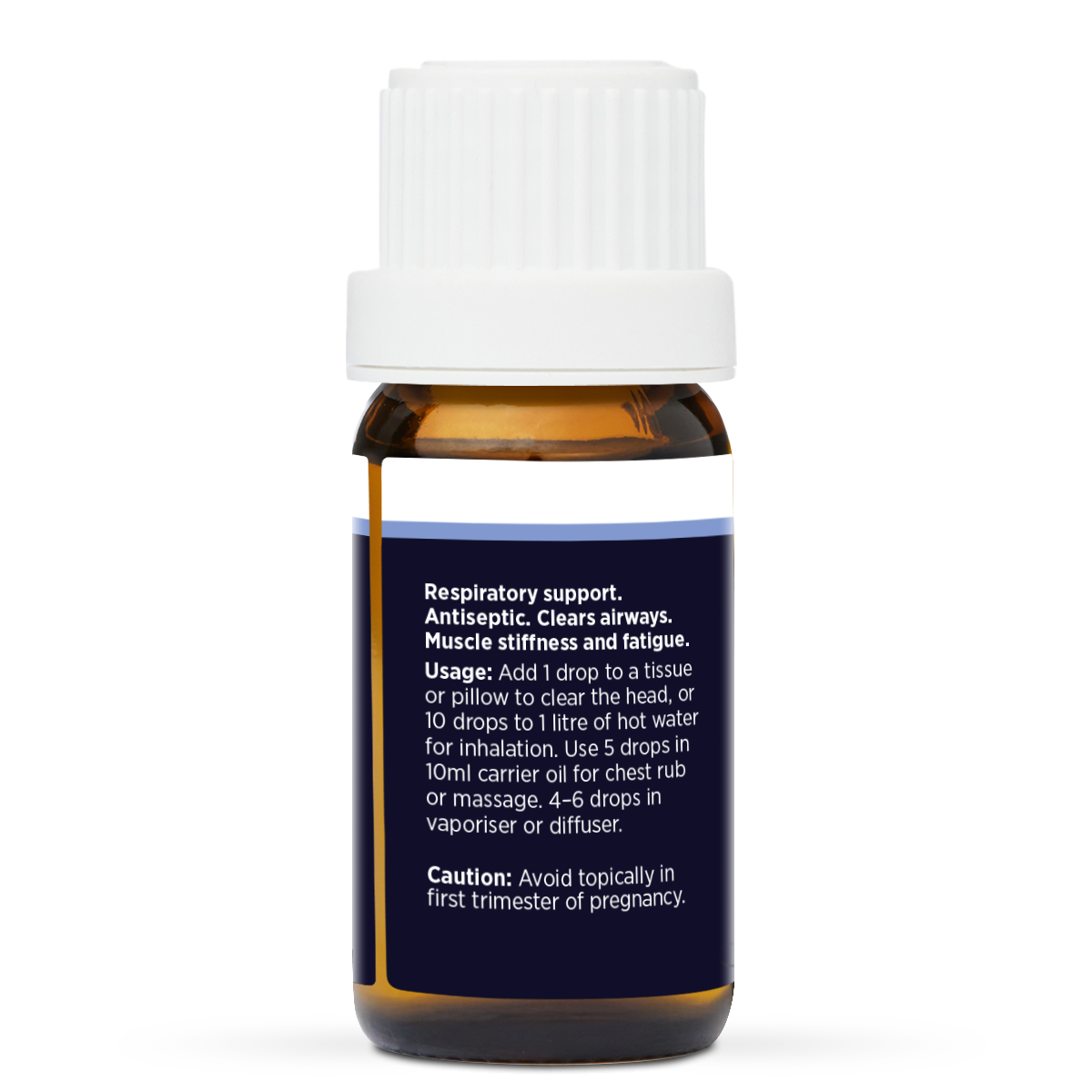 Eucalyptus Pure Essential Oil 10ml, side of the bottle showing the botanical name and directions