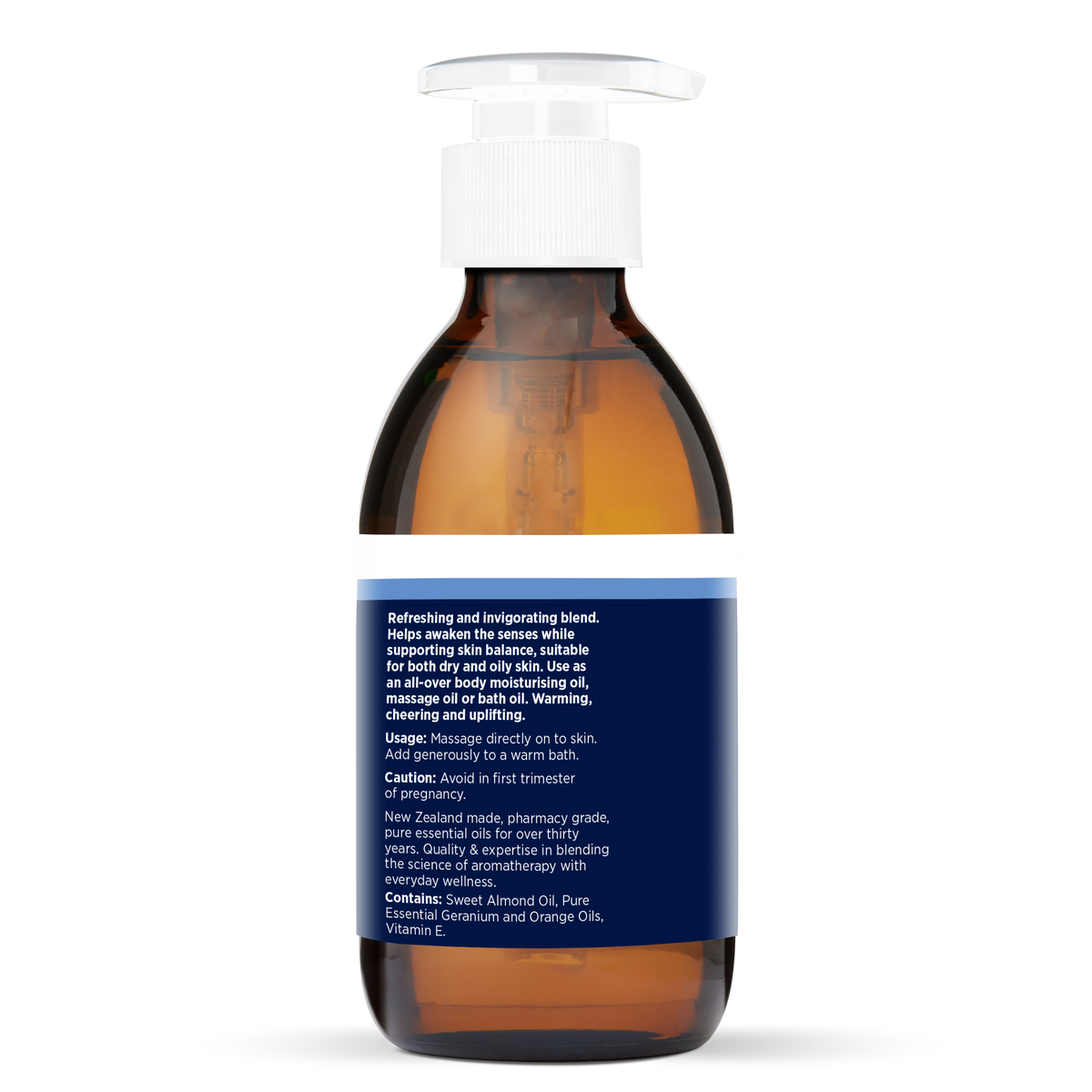 Geranium & Orange Massage Oil 200ml, side of the bottle showing the botanical name and directions
