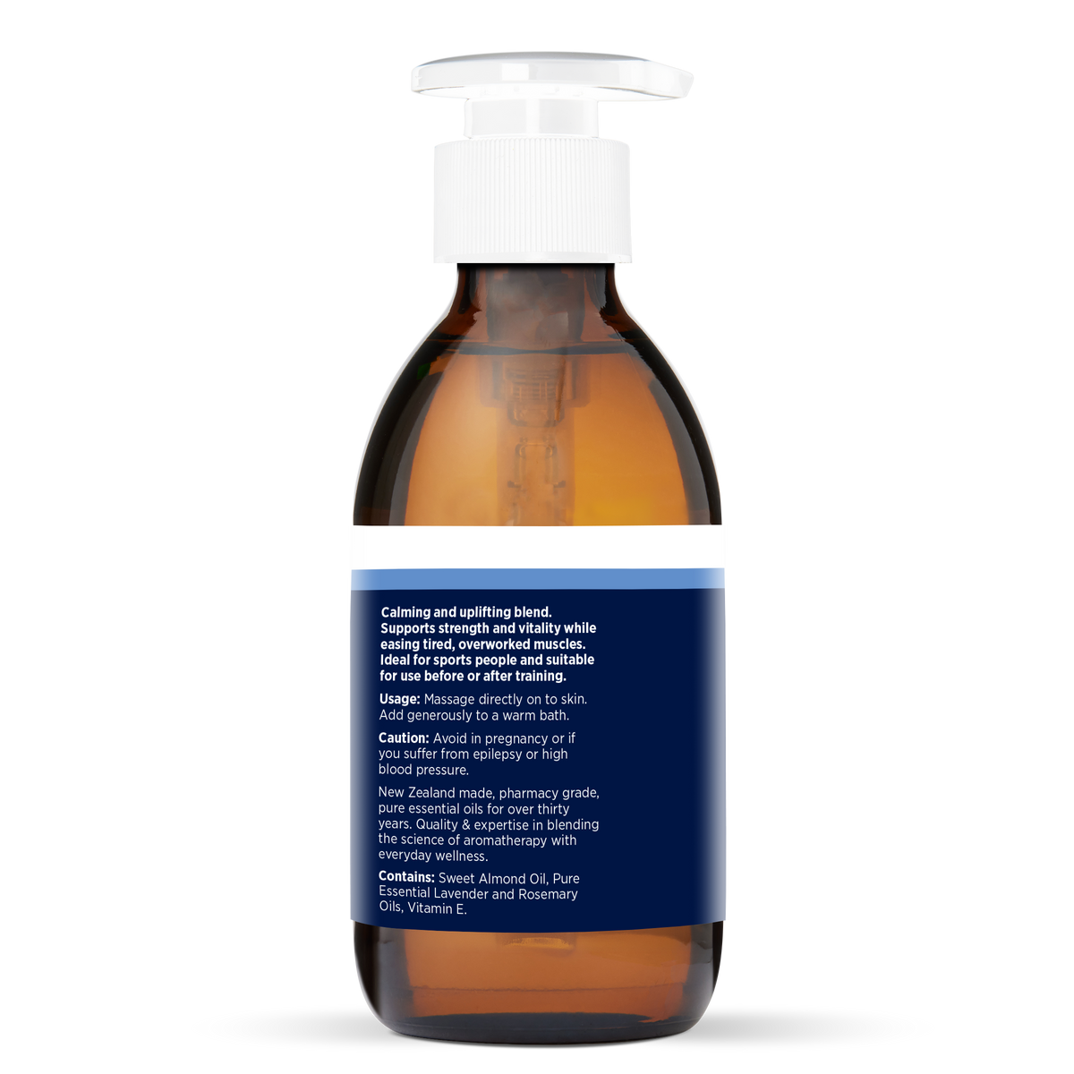 Lavender & Rosemary Massage Oil 200ml, side of the bottle showing the botanical name and directions