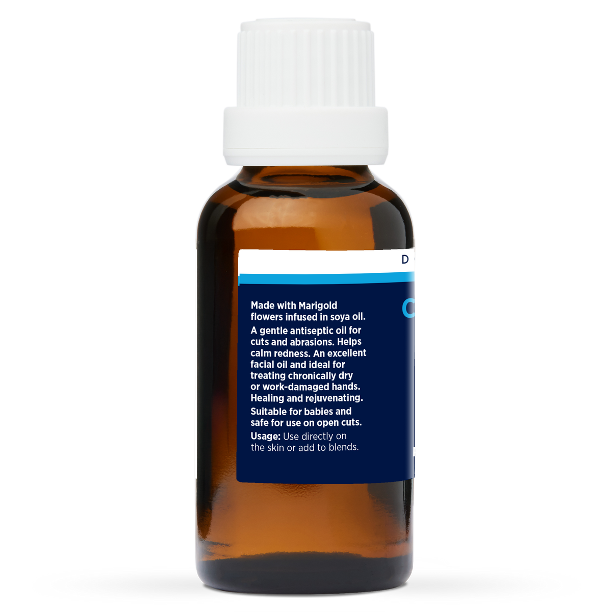 Calendula Oil 30ml, side of the bottle showing the botanical name and directions