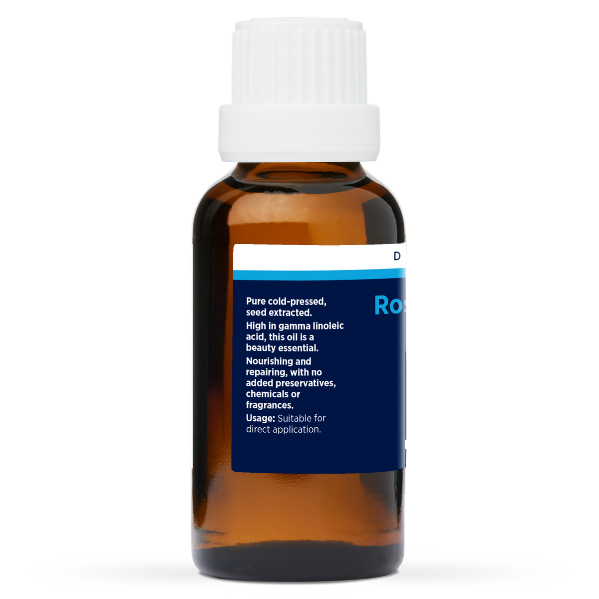Rosehip Seed Oil 30ml, side of the bottle showing the botanical name and directions