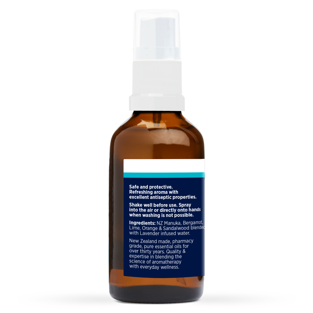 Hand & Air Sanitiser 50ml, side of the bottle showing the botanical name and directions