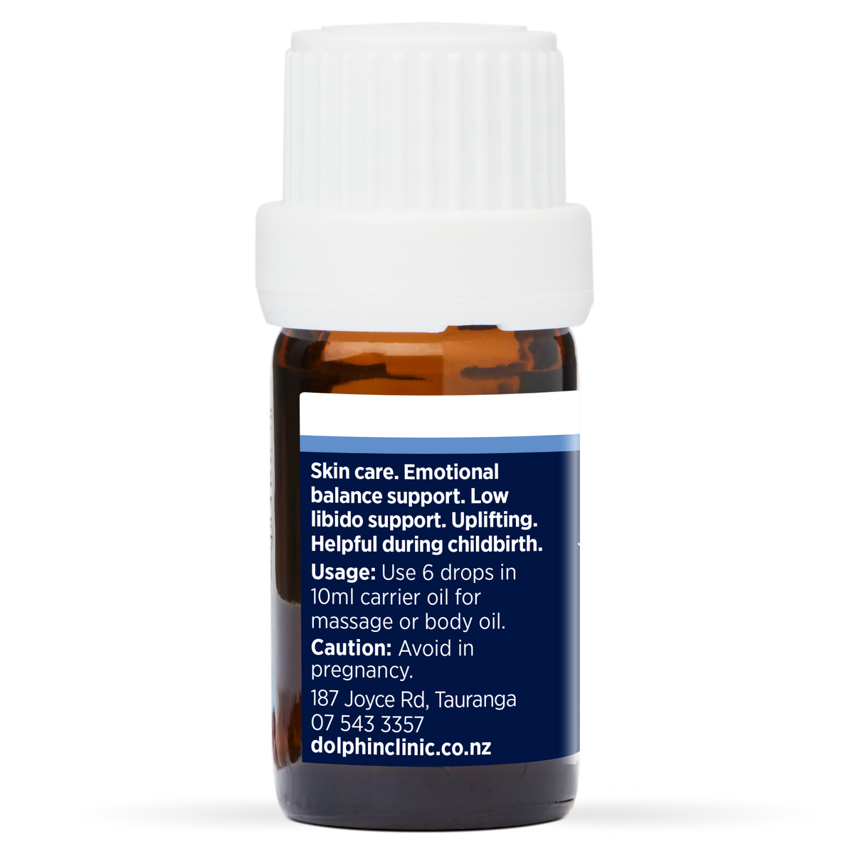 Rose 3% in Jojoba Essential Oil 5ml, side of the bottle showing the botanical name and directions