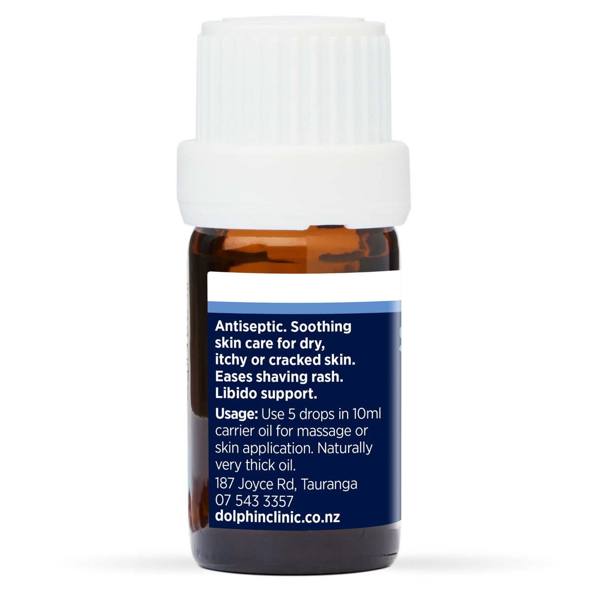 Sandalwood Pure Essential Oil 5ml, side of the bottle showing the botanical name and directions