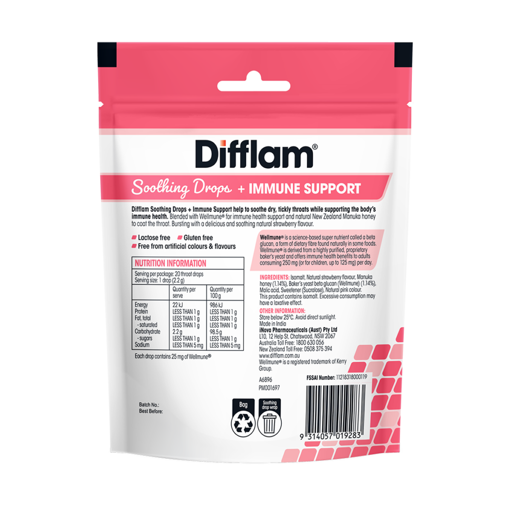 Image of the back of the Difflam Soothing Drops + Immune Support Strawberry