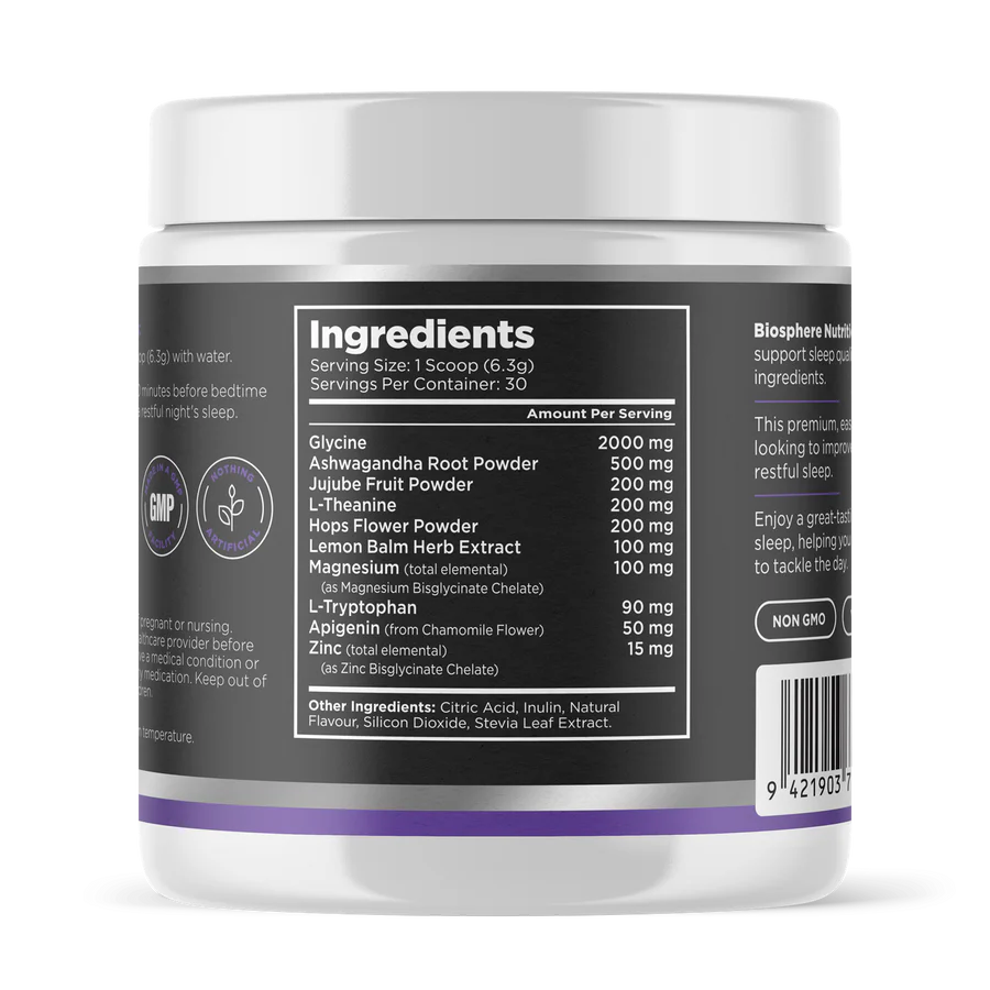 Image of the ingredients on the side of the container of Deep Sleep Support Powder Passionfruit 189g