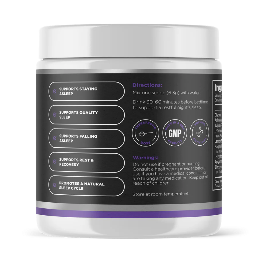 Image of the side of the container of Deep Sleep Support Powder Passionfruit 189g showing directions of use 