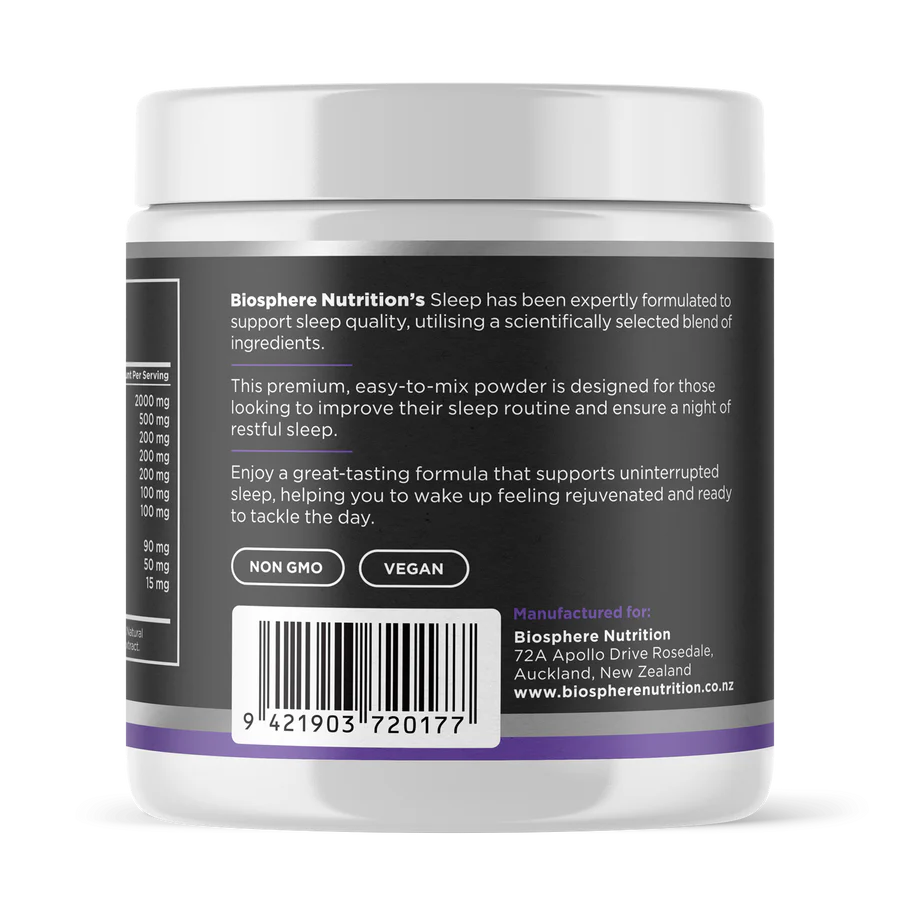 Image of label on the plastic container of Deep Sleep Support Powder Passionfruit 189g showing benefits of use