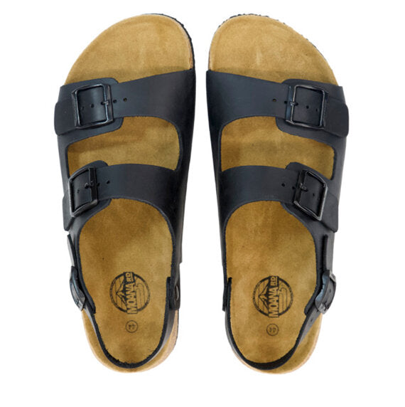 Pair of tan sandals with black buckles on a white background