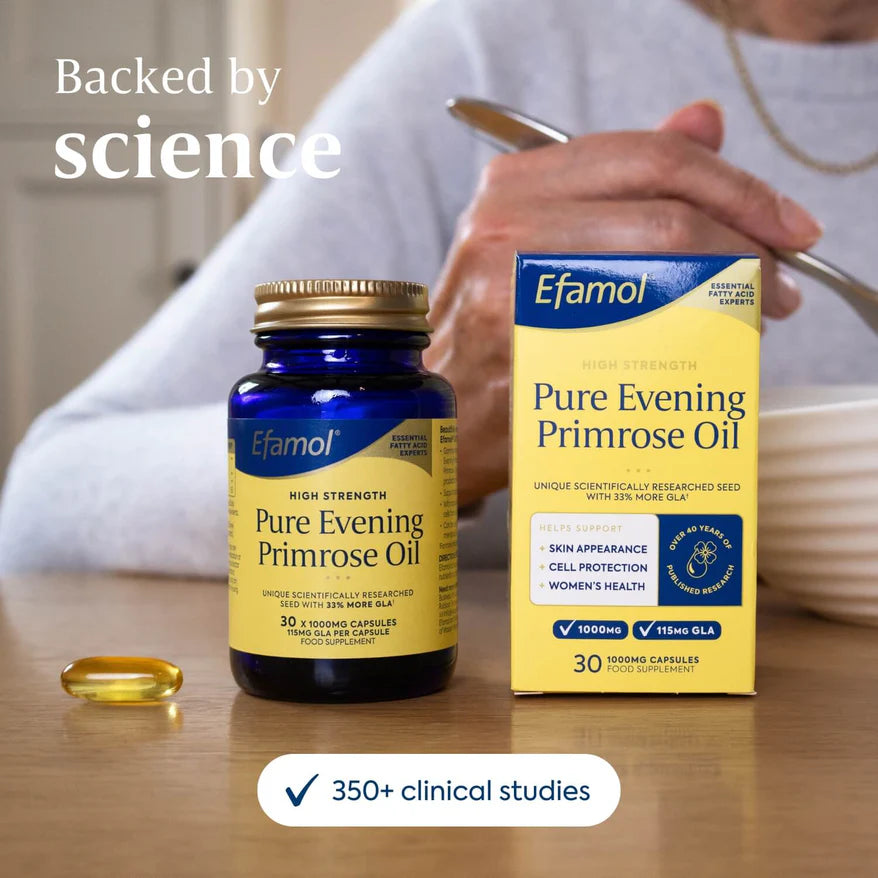 Efamol Pure Evening Primrose Oil bottle and box on a table with text 'Backed by science' and '350+ clinical studies'.