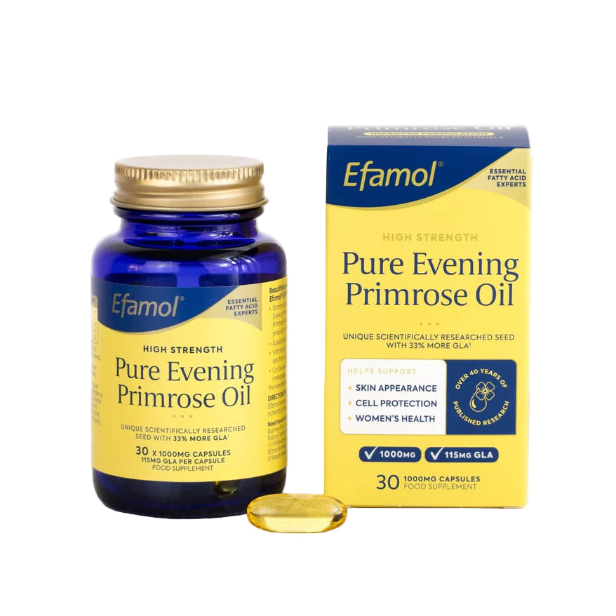 Efamol Pure Evening Primrose Oil bottle and packaging on a white background