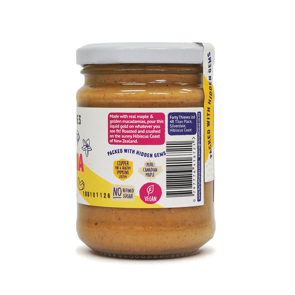 Salted Macadamia with Maple & Vanilla Bean 235g, label showing the ingredients and nutrition panel