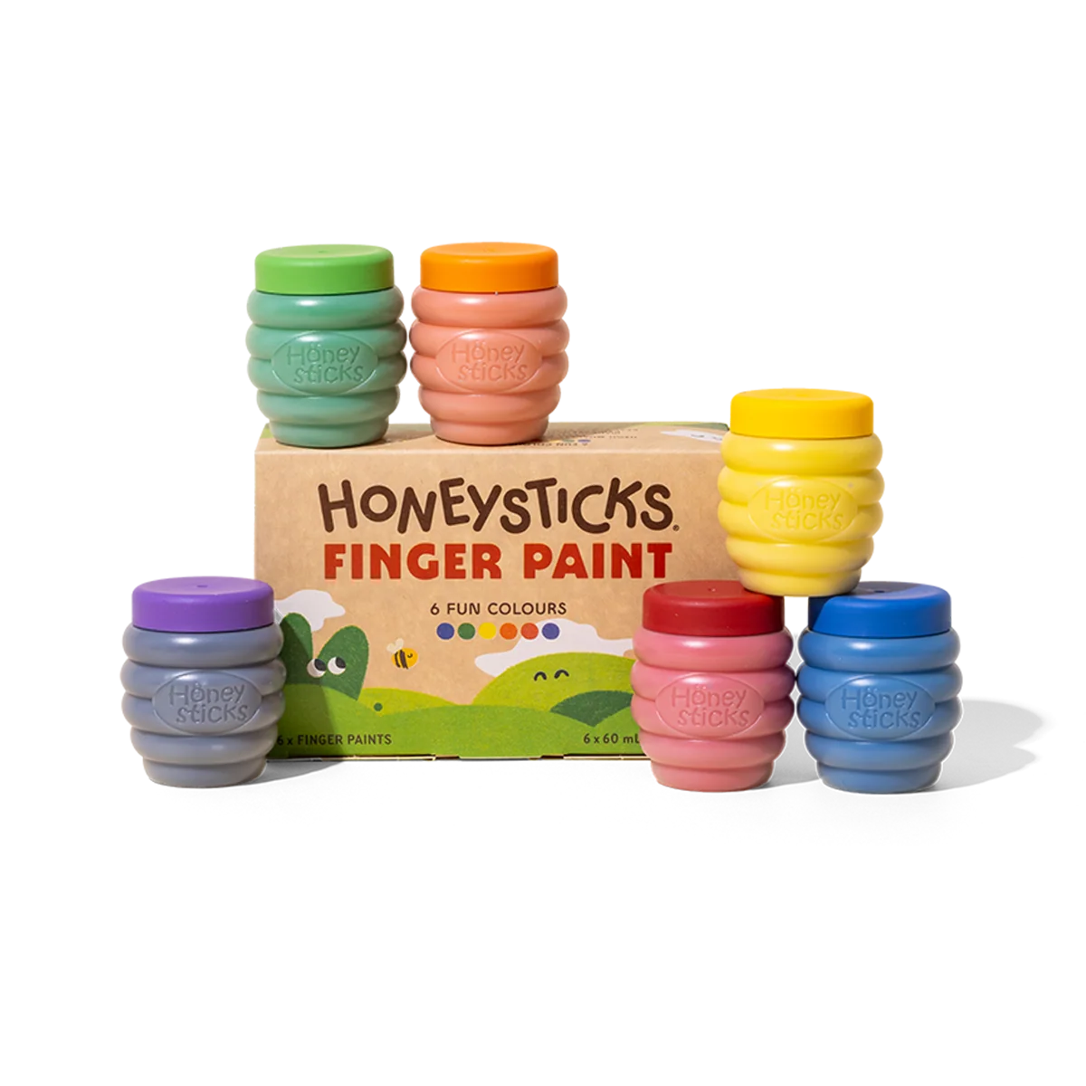 Honeysticks Finger Paint box with the six paint pots stacked around it