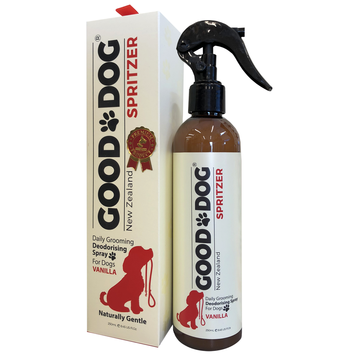 Good Dog Vanilla deodorising spritzer 250ml bottle, front of pack