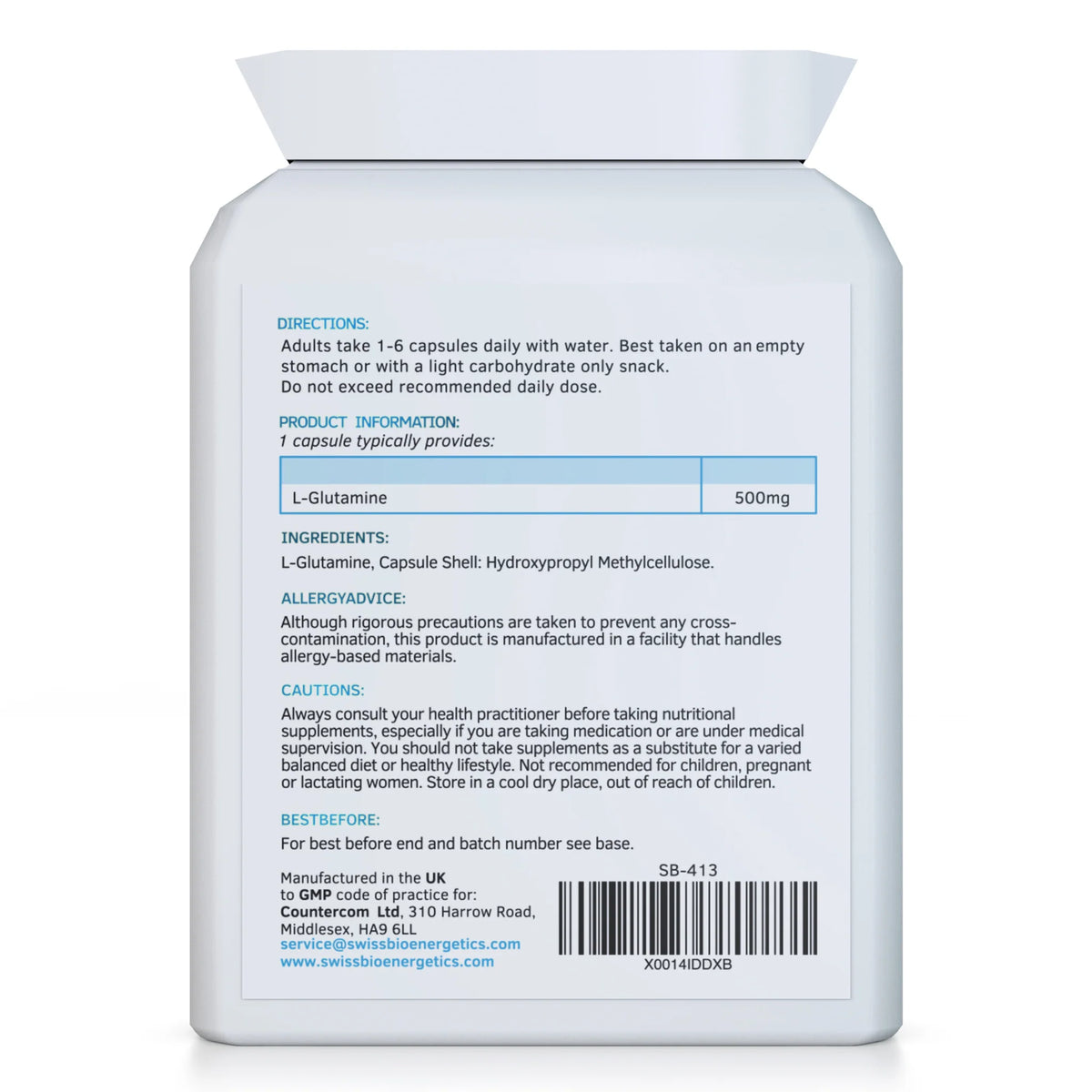 L-Glutamine 500mg 90 Capsules-Swiss Bioenergetics-Matakana Pharmacy