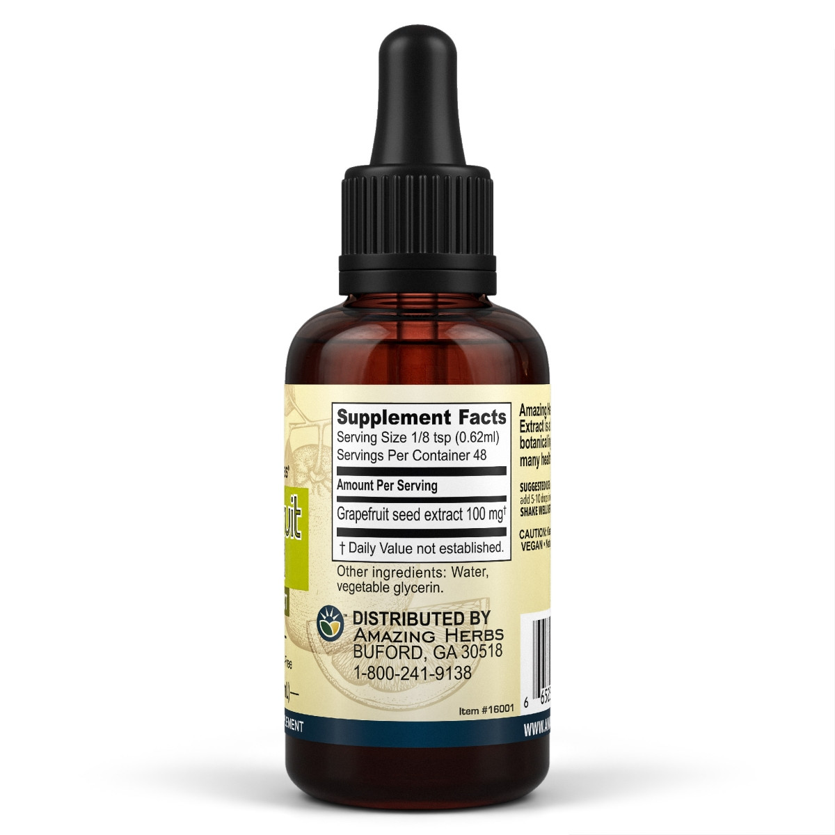 Image of the side of the glass bottle of Grapefruit Seed Liquid Extract 30ml. this shows supplement facts